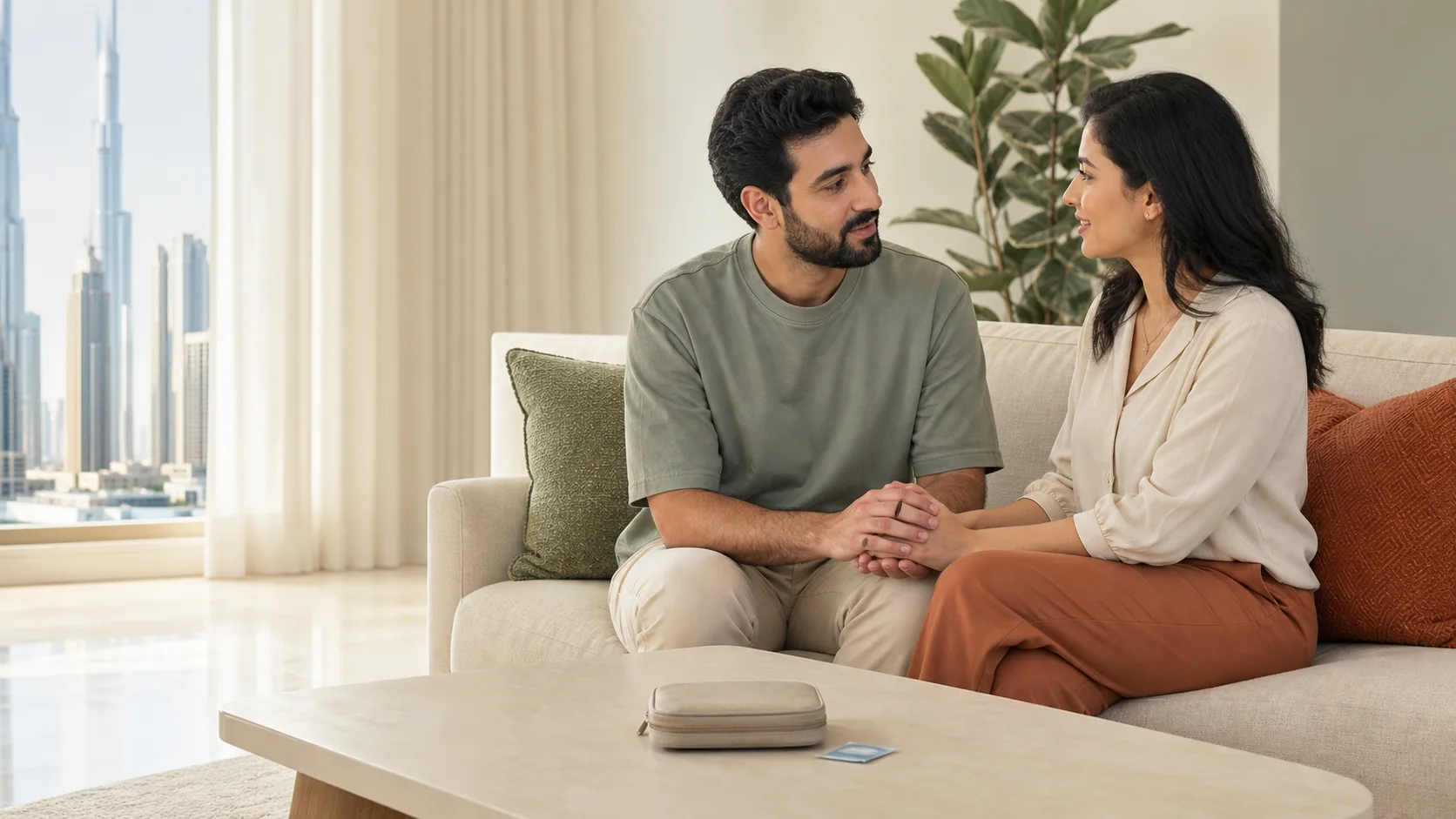 Adult couple having a calm conversation about consent and safer choices