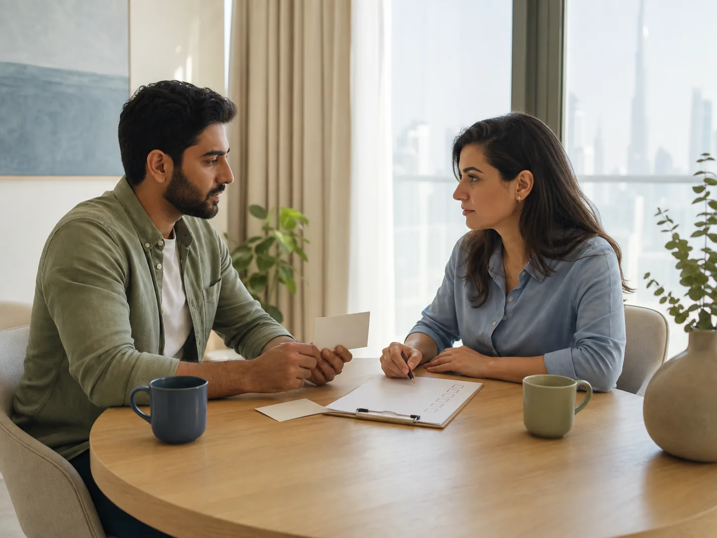 Adult couple discussing a private sexual-health checklist at home