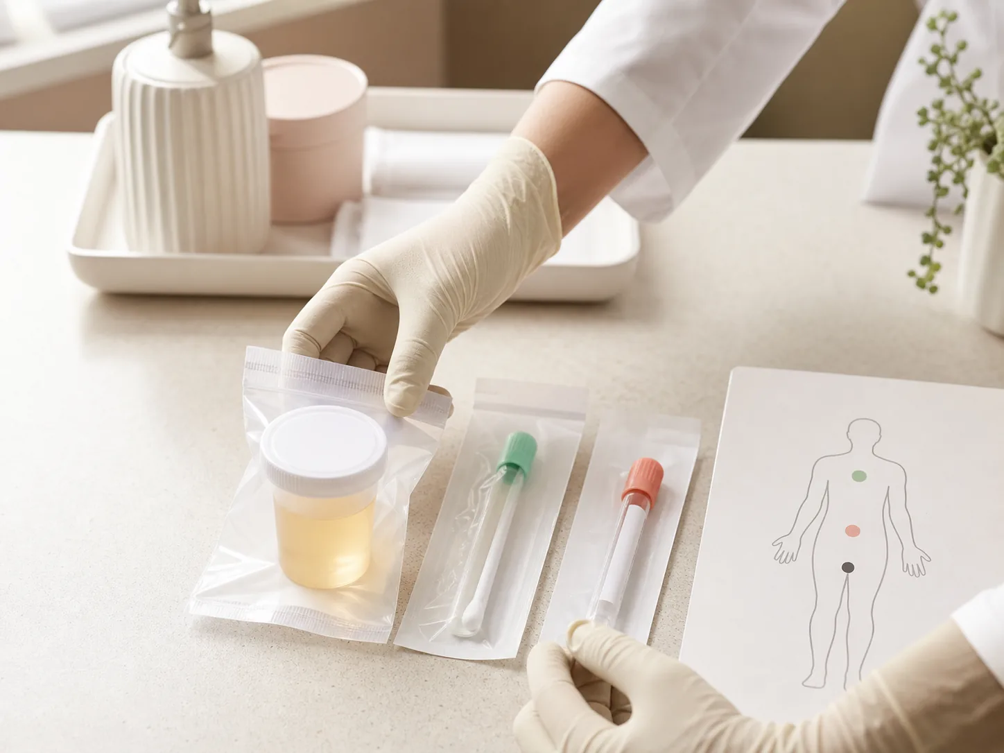Gloved clinician arranging sealed urine, swab and blood collection kits