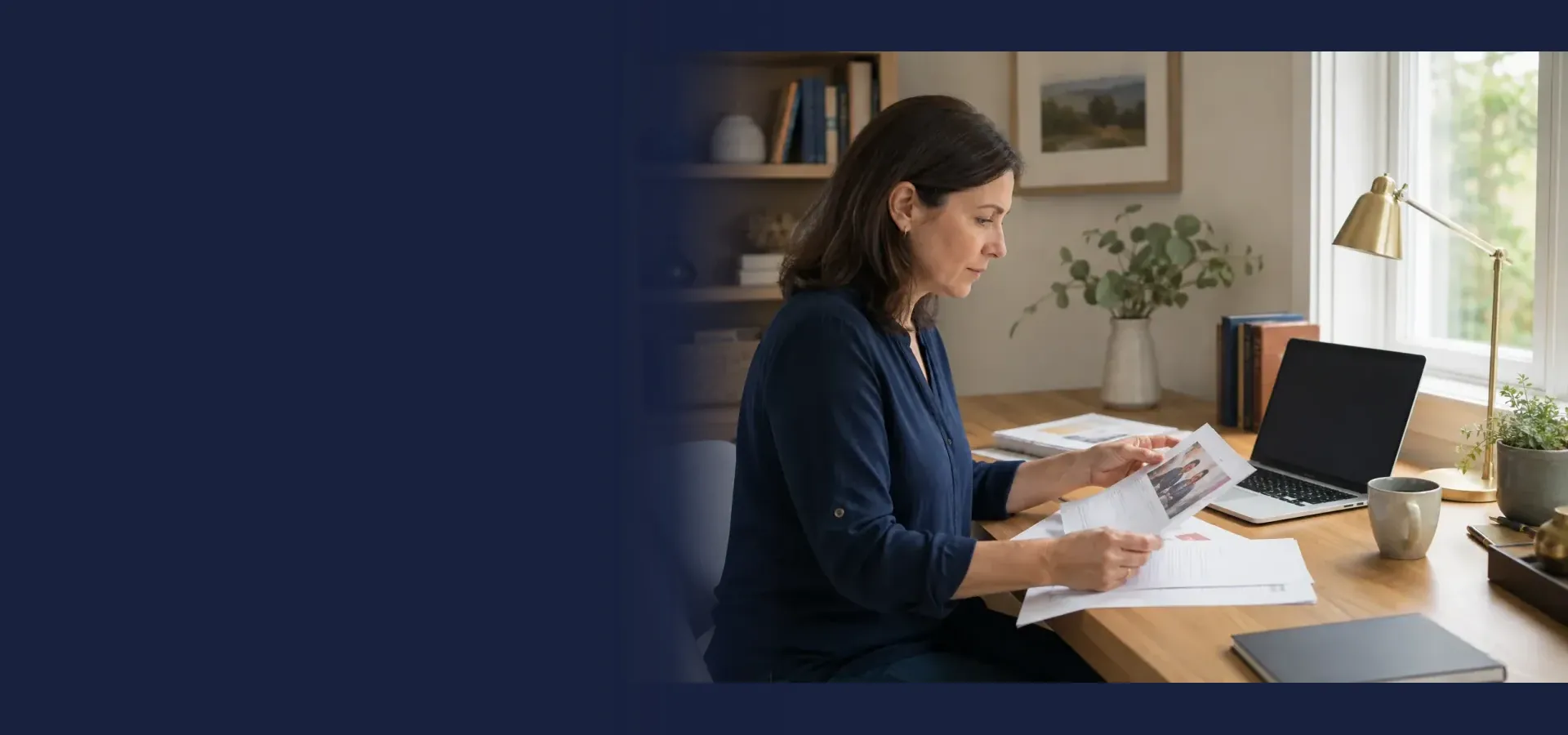 An editor reviewing printed pages beside a laptop in a quiet workspace
