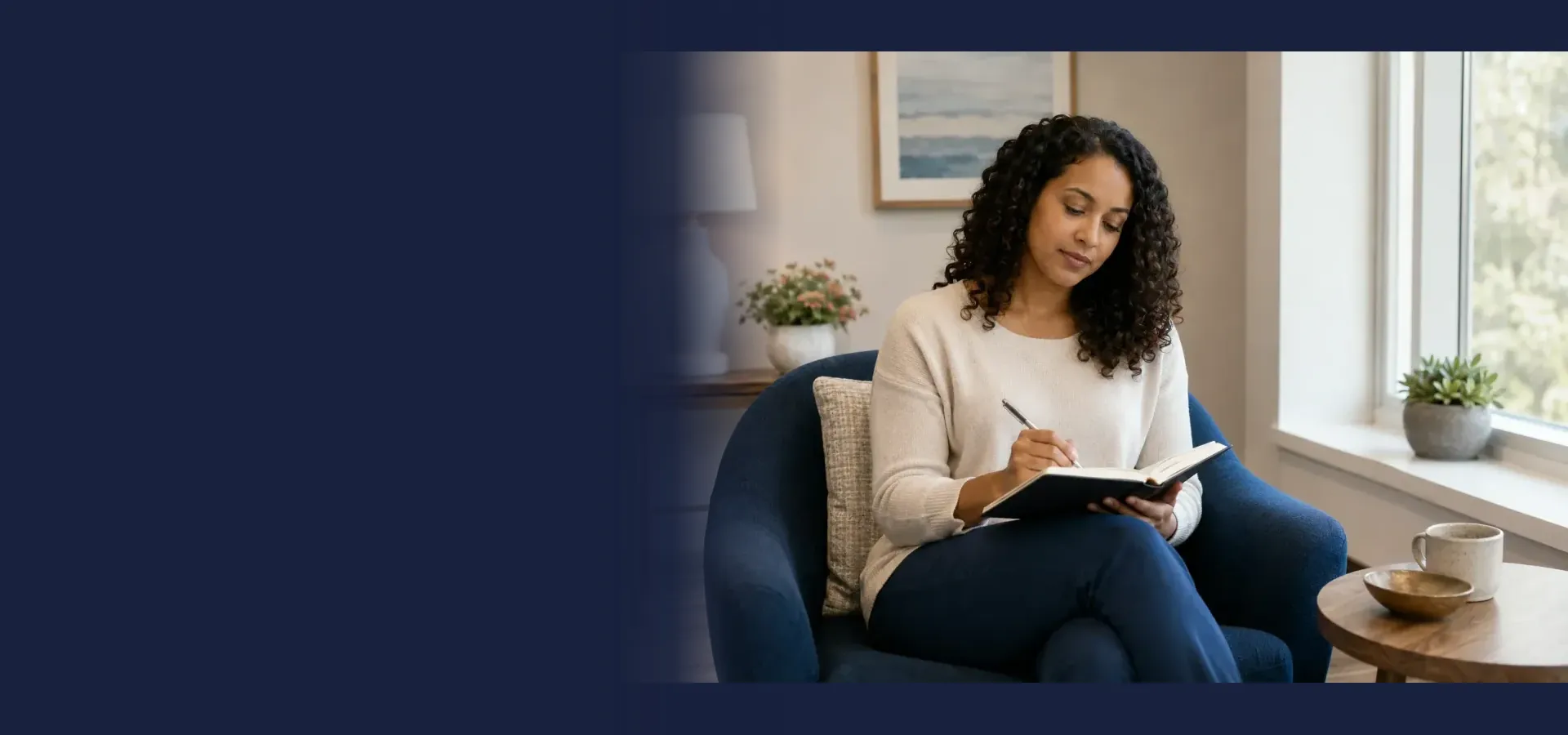 An adult woman preparing questions in a notebook in a calm private space