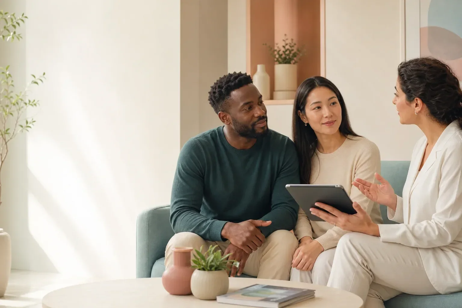 Adult couple having a respectful private consultation with a clinician