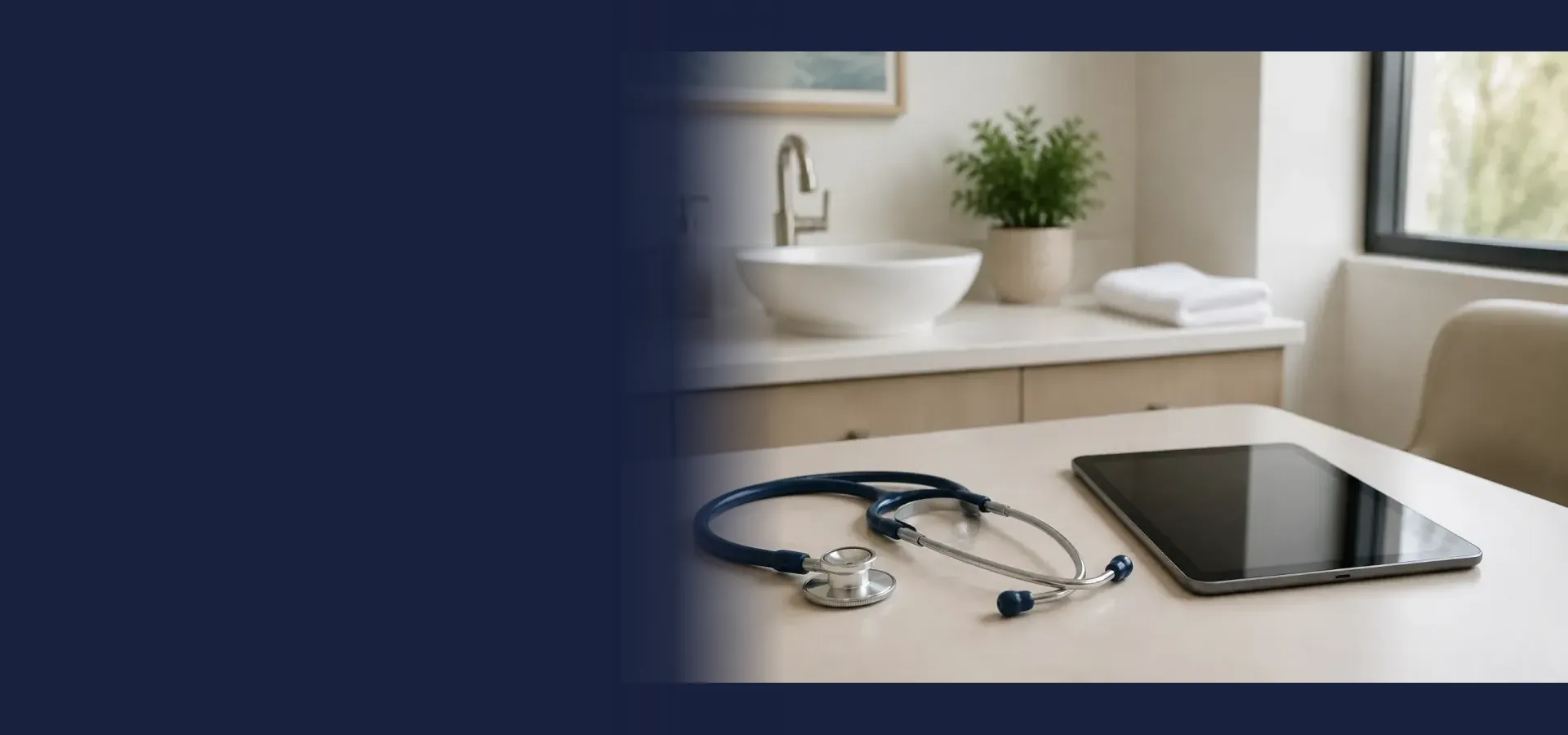 A stethoscope and inactive tablet in a quiet consultation room