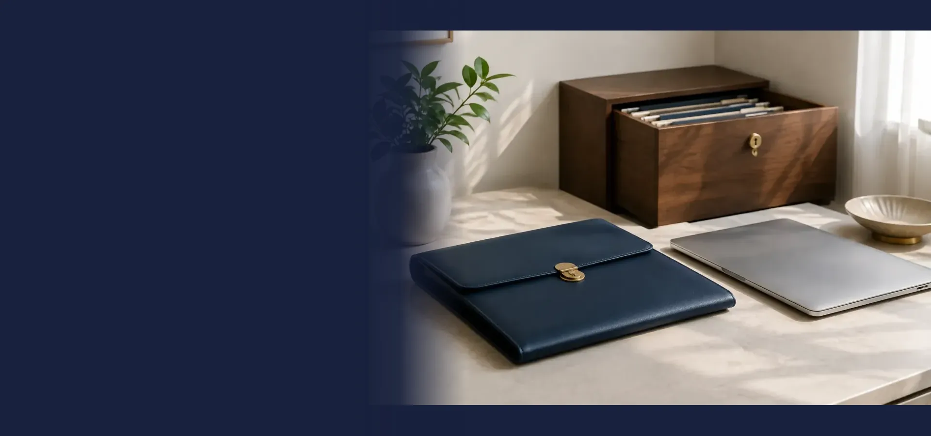 A closed document folio and laptop beside a lockable filing drawer