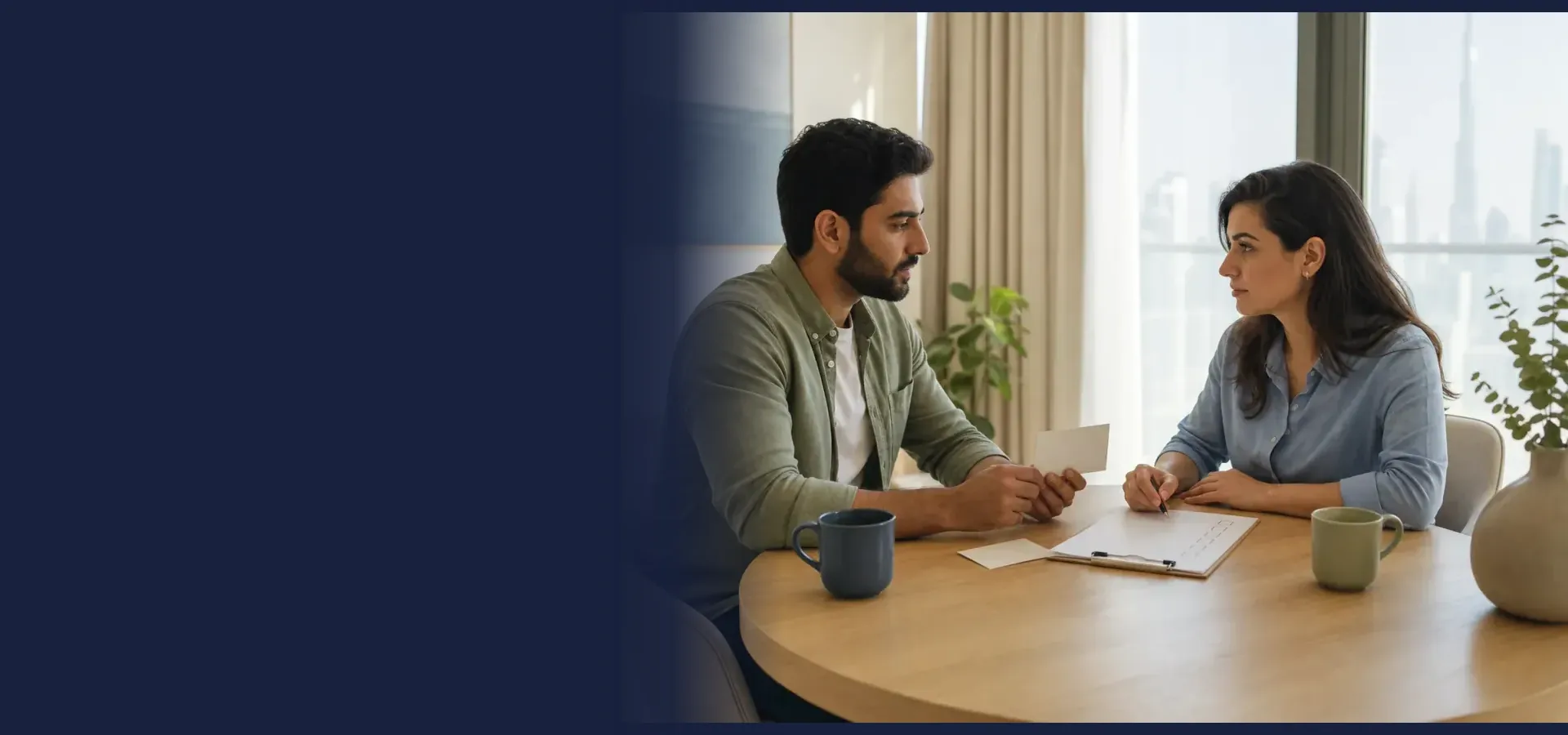 Adult couple discussing a private health checklist at home