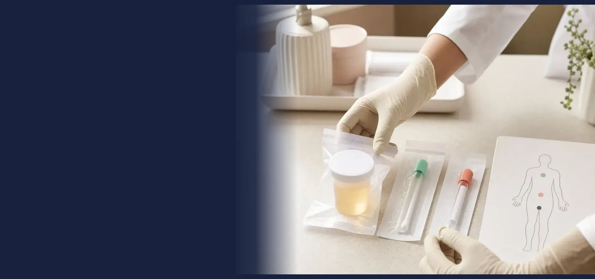 Gloved hands arranging sealed urine and swab collection kits